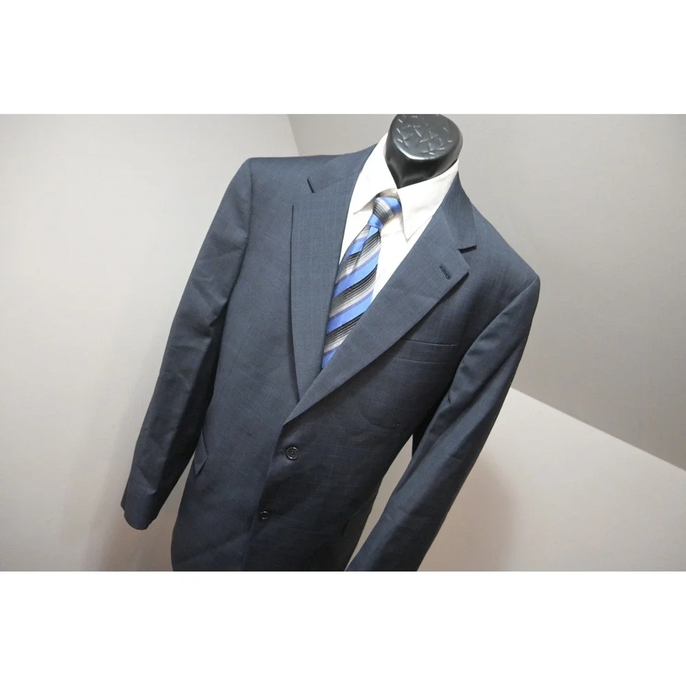 Hart Schaffner Marx Suit Mens 48L 42W Blue Worsted Wool Plaid 2pc Classic New